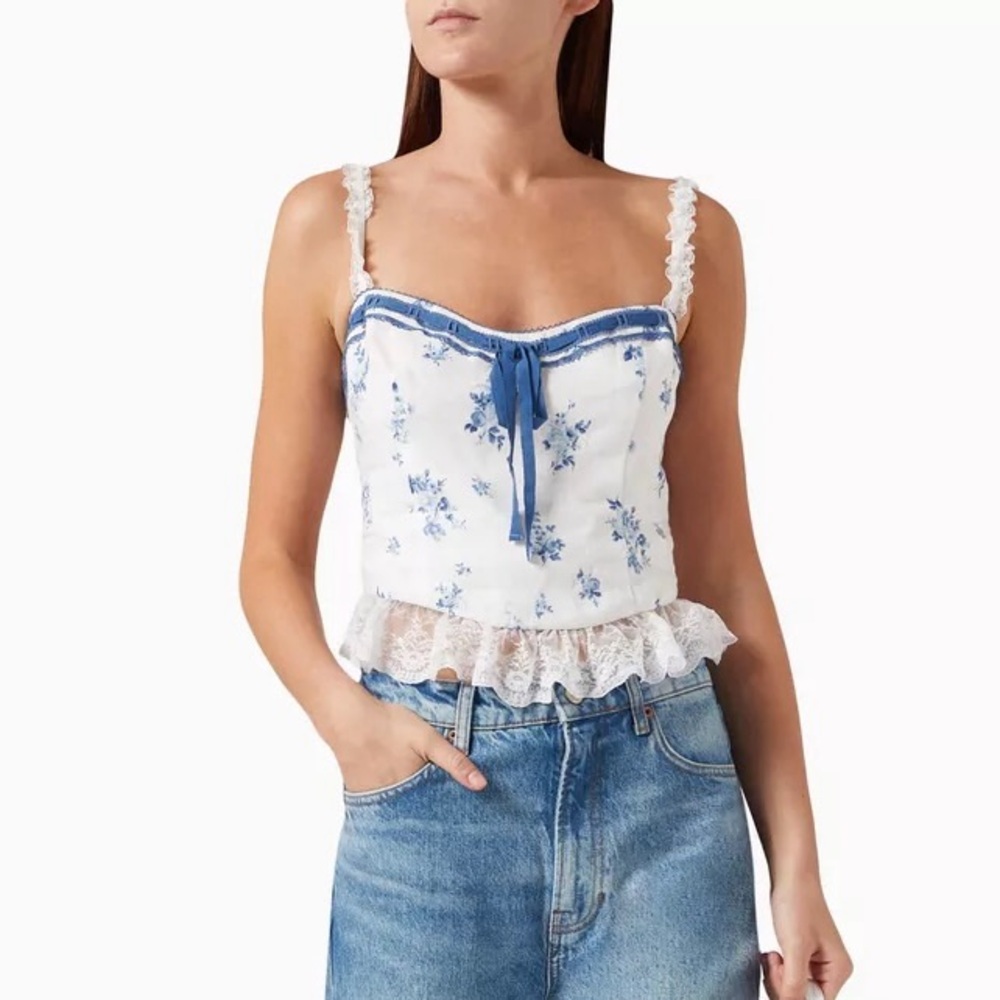 Reformation Blue and White Paola Linen Top